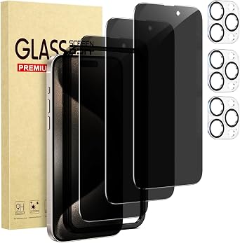 [3+3 Pack Privacy Screen Protector for iPhone 15 Pro Max, 3 Anti-Spy Tempered Glass & 3 Camera Lens Protectors, Includes Easy Alignment Frame, 9H HD, Case Friendly