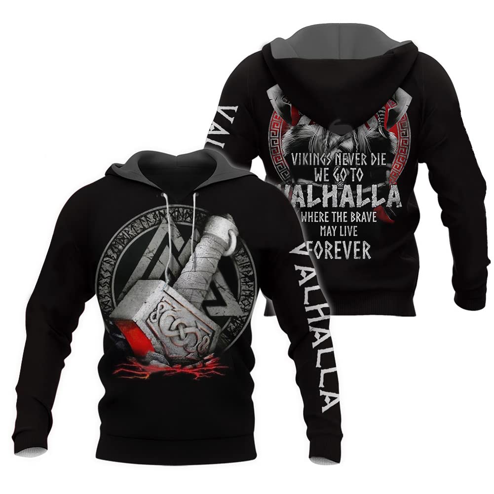 Odin Thor Hammer Viking Tattoo Men's Sweatshirt, Valhalla Long Sleeve Hoodie Fall Casual Pullover Jacket,Hoodie,L