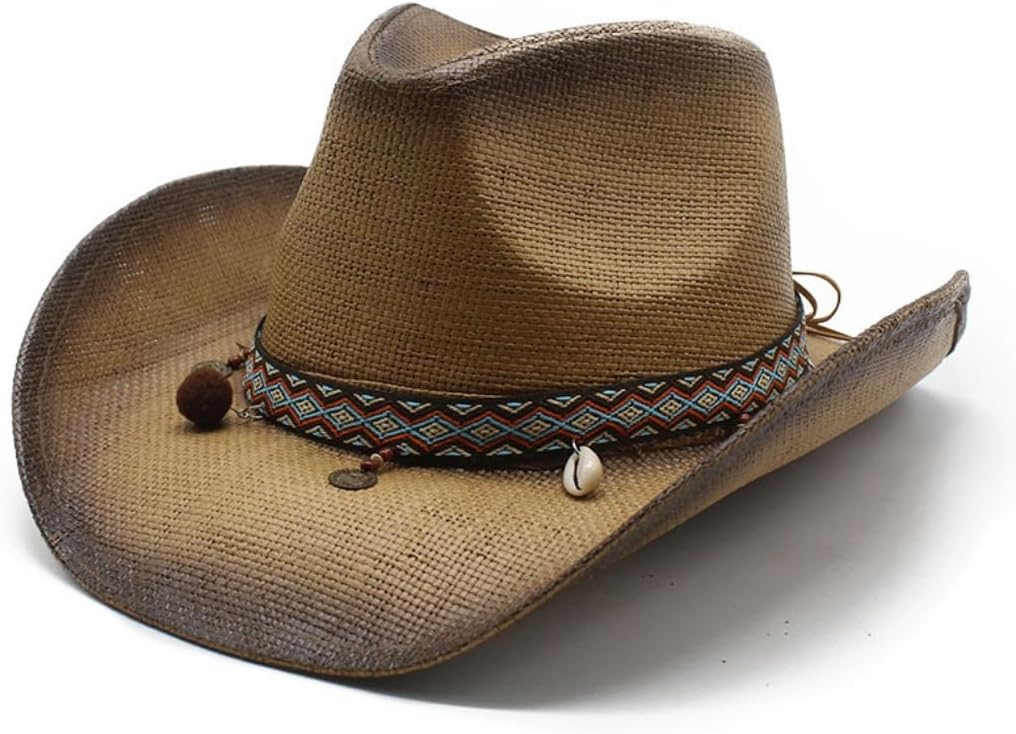 Western Cowboy Hat with Tribal Band, Shell Charms and Pom Poms, Gray Ombre