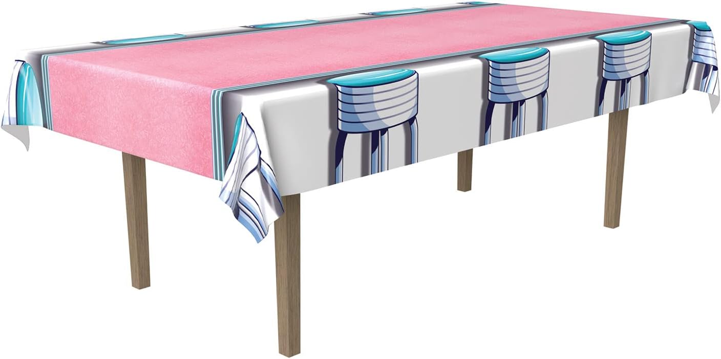 Beistle Soda Shop Stools Tablecover, Diner Counter Plastic Table Cloth for Retro 1950s Themed Birthday Party, Decade Party Table Decoration, 108" x 54"