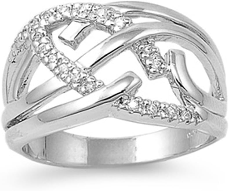 White CZ Criss Cross Filigree Wave Ring New .925 Sterling Silver Band Sizes 5-9