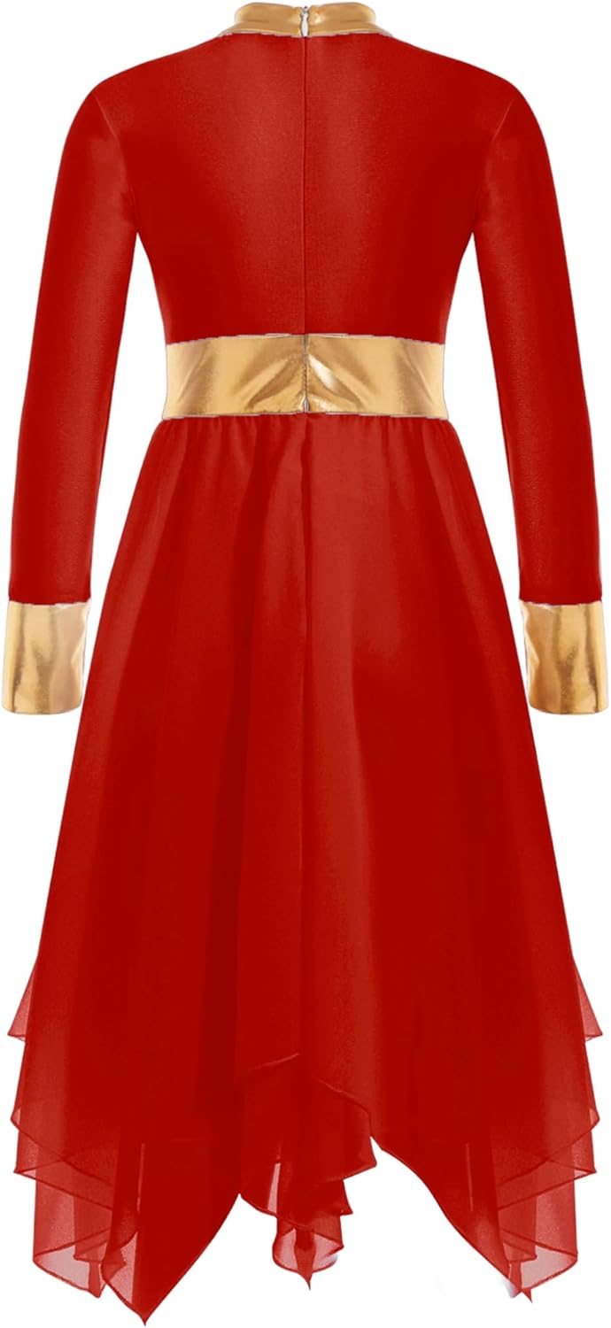 Girls Gold Metallic Color Block Long Sleeve Liturgical Praise Dance Dress Irregular Liturgical Worship Dancewear