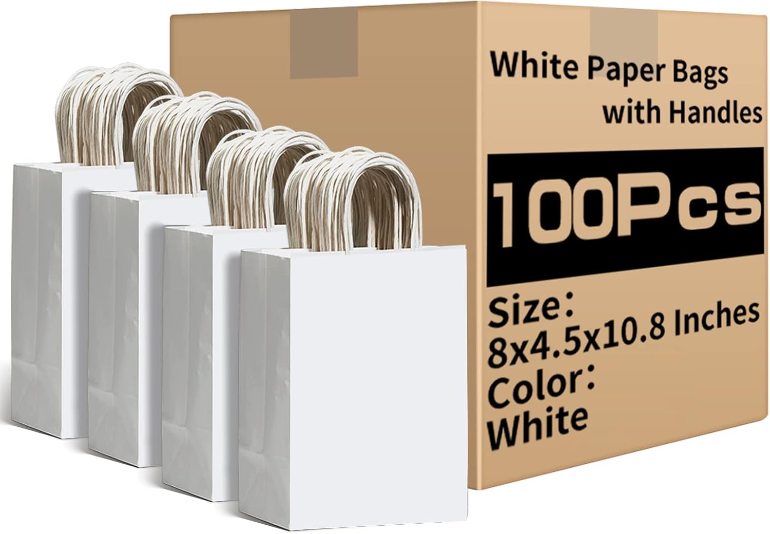 RACETOP White Paper Bags with Handles Bulk 8"x4.5"x10.8" 100Pcs Gift Bags Medium Size, White Gift Bags with Handles, Gift Bags Bulk, Retail Bags, Party Bags, Shopping Bags, Merchandise Bags 1 Count (Pack of 100) White