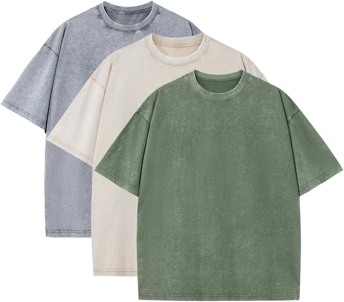 Mens 3 Pack Oversized T-Shirts Heavyweight Cotton Vintage Washed Boxy Tees Drop Shoulder Loose Fit Tshirt LTX007