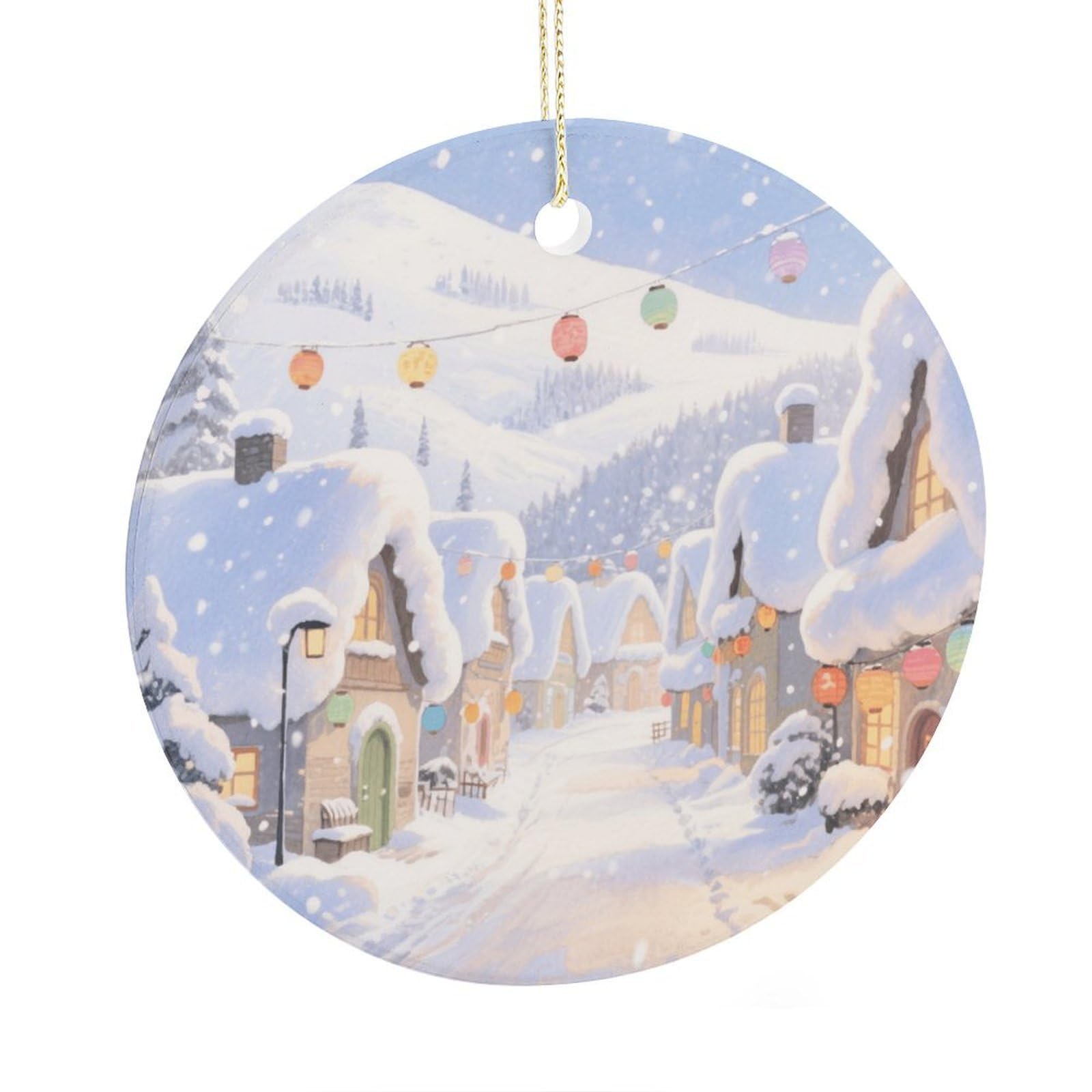 Fekiloot Style Ice And Snow Town Christmas Ornaments 2.9 Inch Round Ceramic Ornament Keepsake Thank You Gifts For Office, Room, Home - Holiday Present Ideas