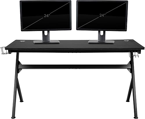 Miniatura 394 de Flash Furniture Juego de escritorio para juegos negro y silla de carreras blanco/negro con soporte para tazas, gancho para auriculares y soporte