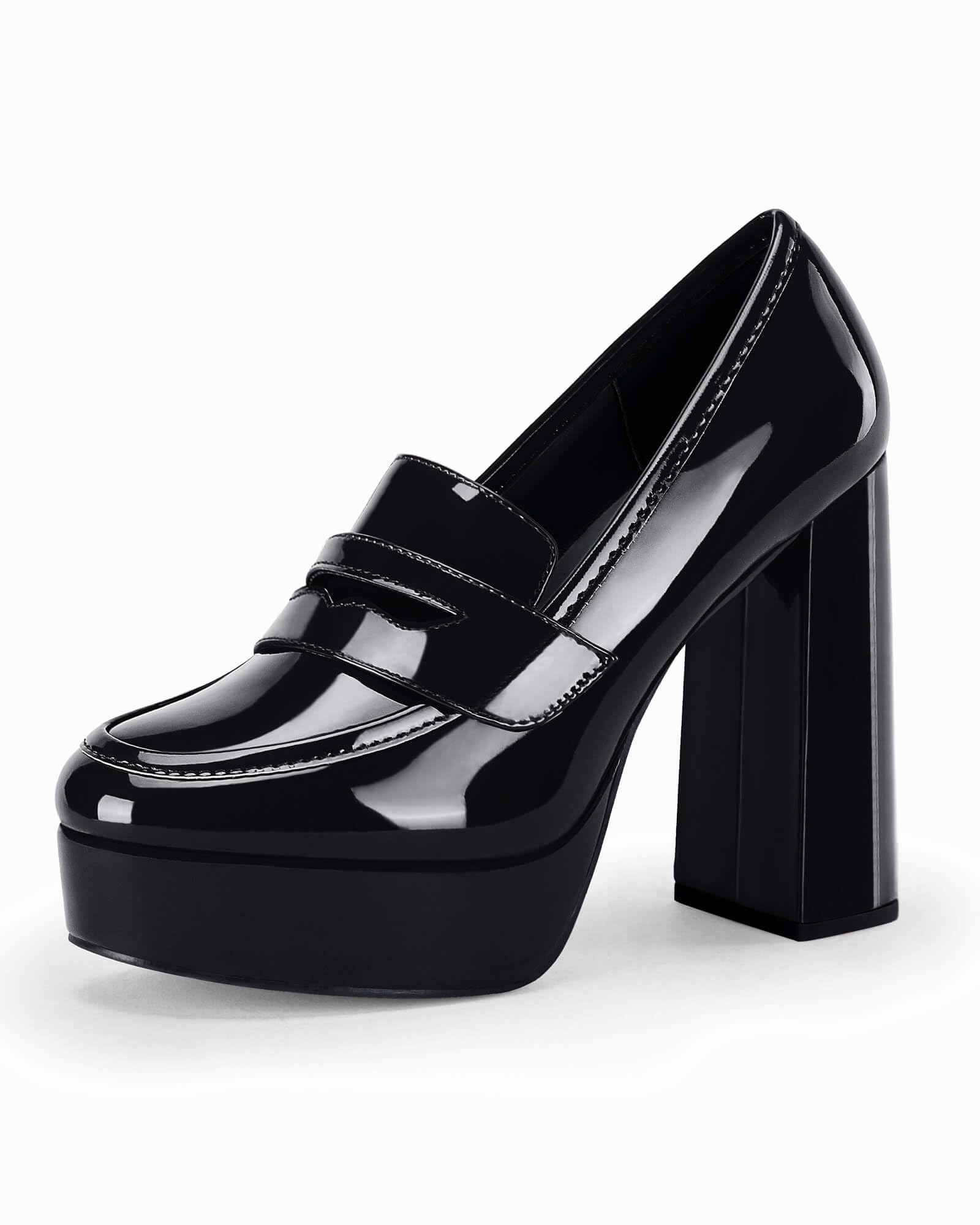 Womens Platform Heels Loafers Chunky High Heel Closed Toe Patent Leather Shoes Penny Loafer Business Dress Work Pumps