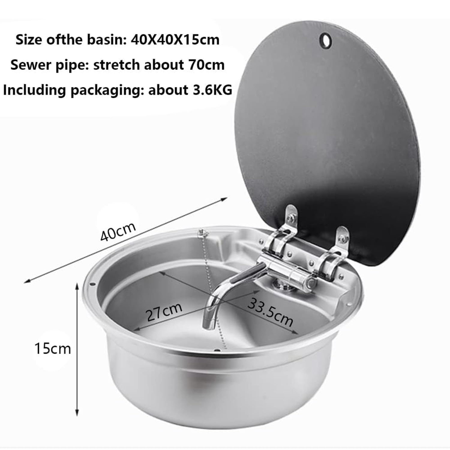 Fregadero de acero inoxidable para caravana, lavabo redondo con grifo plegable y tapa, para cámper, caravana, bar húmedo, cafeterías