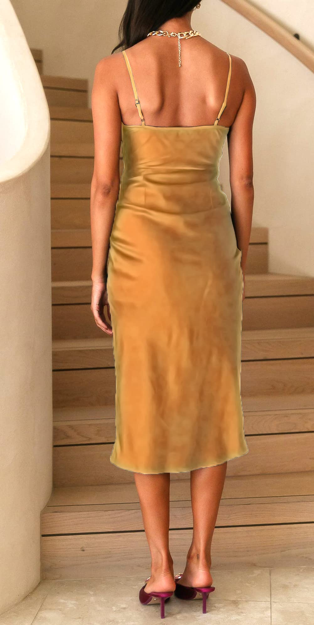 Tsher Women's Cowl Neck Spaghetti Strap Satin Wedding Guest Party Dress Cocktail Evening Backless Midi Formal Dresses 222