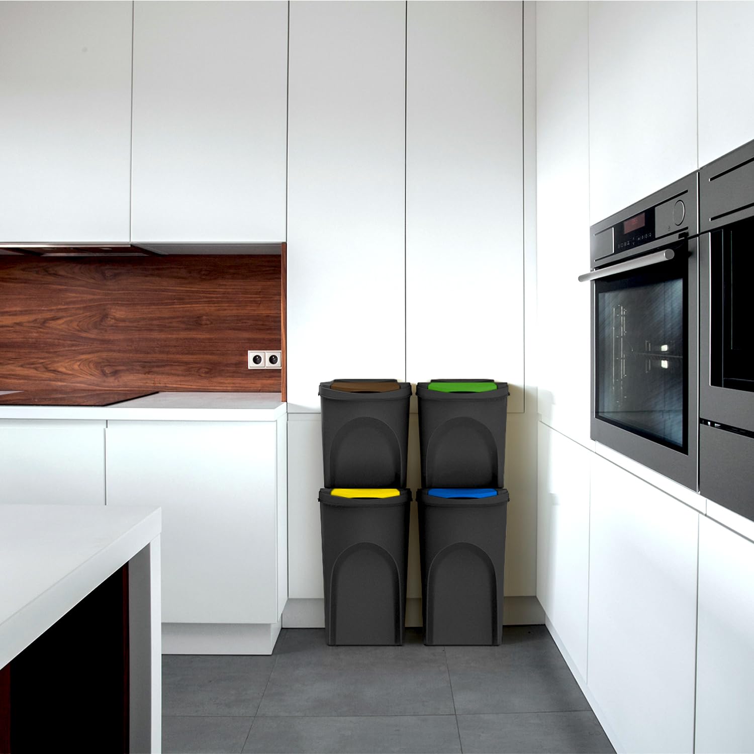 IMJ-Global - Bidoni Differenziata da Interno, Set Cestini Spazzatura Differenziata Impilabili (4x35L) Pattumiera Comoda per Contenere Umido-Vetro-Plastica-Cartone, Kit Raccolta Differenziata Interno