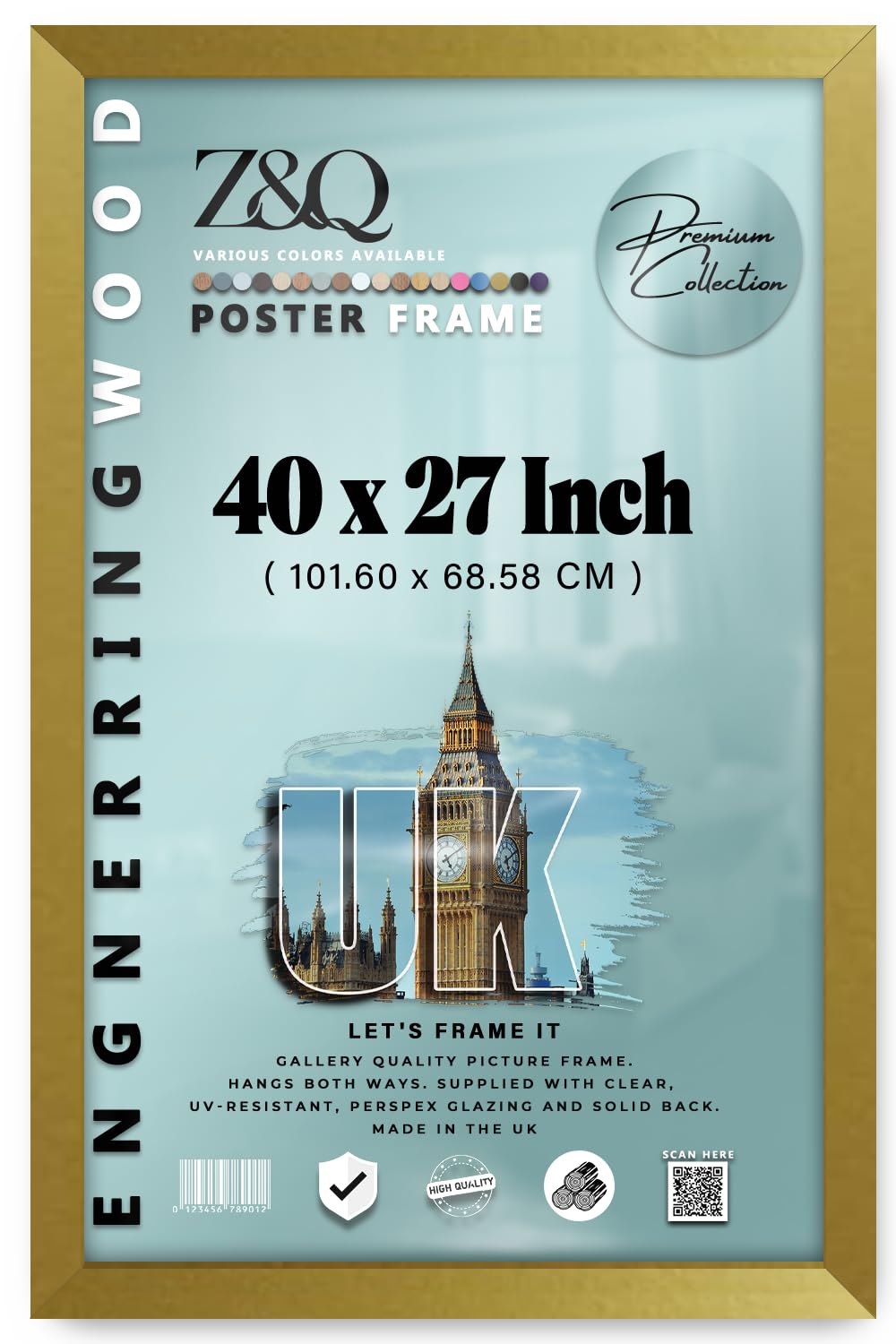 Z&Q | Classic MDF Certificate Frame (101.60 x 68.58 CM) Natural Wood Texture, Wall Mounted 40 x 27 Multi-Purpose Office Frame, 1016 x 685.8 mm [ Gold ]