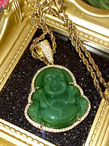 Iced Laughing Buddha Green Jade Pendant Necklace Rope Chain Genuine Certified Grade A Jadeite Jade Hand Crafted, Jade Neckalce, 14k Gold Filled Laughing Jade Buddha Necklace, Jade Medallion2