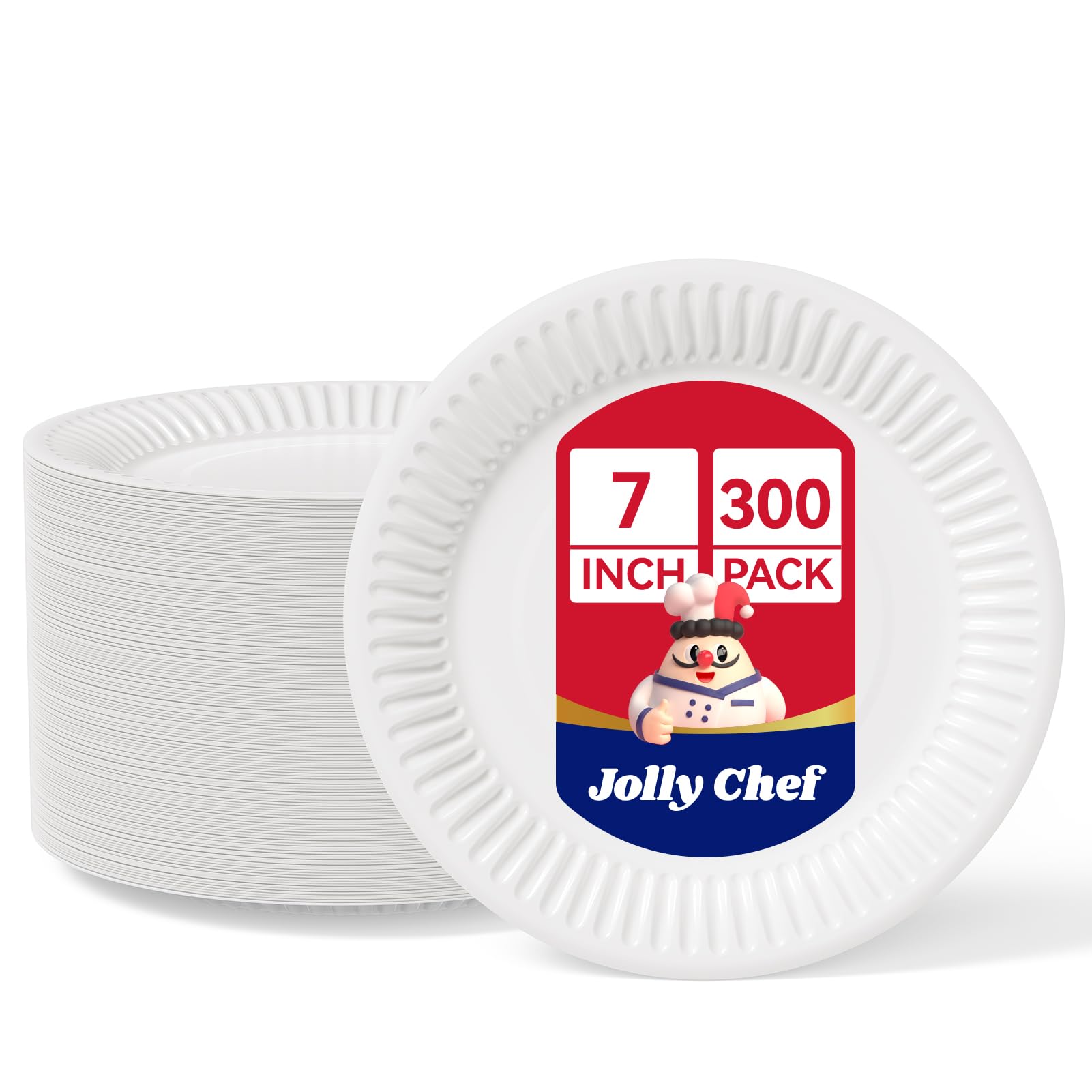 JOLLY CHEF 7 Inch 300 Pack White Paper Plates, Disposable Plates for Dessert, Eco Friendly Appetiser Plates for Cake, Snacks, Catering, Events