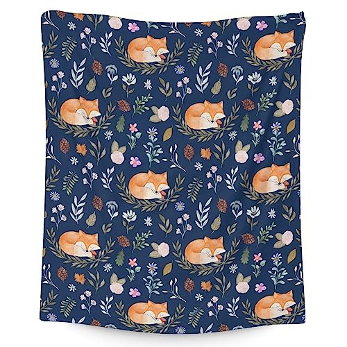 Mercuryelf Fox Throw Blanket - Soft, Fuzzy & Warm - 50x60 Inches Flannel Blankets for Living Room, Sofa - Dark Blue Cute Throws Gift for Teen