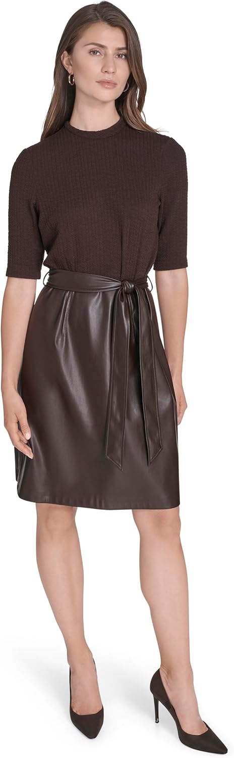 Halston Women's Half Sleeve Vegan Leather Belted Knee Length Dress