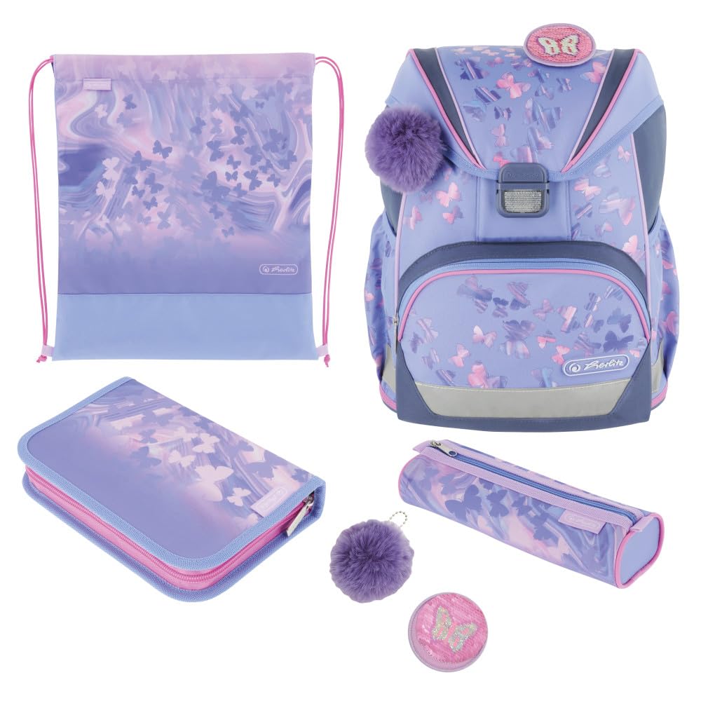 Herlitz Tornister Ultralight Dziecięc Butterfly Paradise z wyposażeniem | Plecak Szkolny jednokomorowy | Organizer Dla Ucznia Dzieci | Sztywne Plecy | Wytrzymały 15l 800g