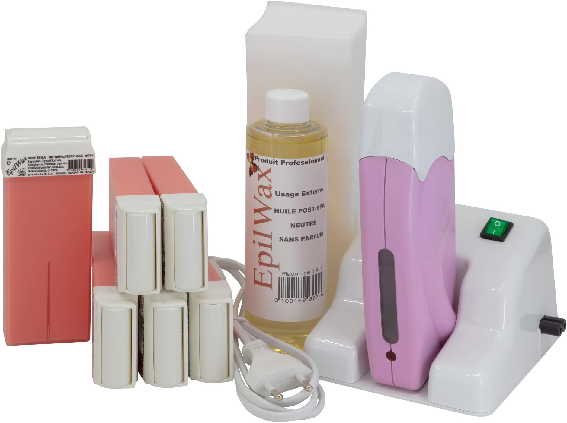Complete Hair Removal Waxing Kit with Modular Base - Includes 6 Rose Wax Roll-on Cartridges, Roll On Wax Heater, 100 Strips and Waxing Oil
