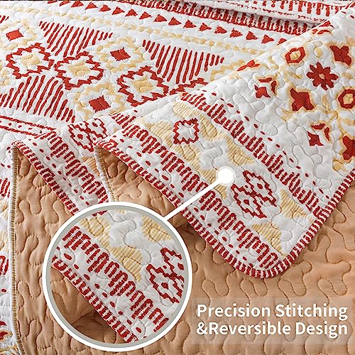 Vaputar Boho Stripe Quilt Bedding Set For Aztec - King Size - All-Season Lightweight Reversible Coverlet, Vintage Farmhouse Bedroom Decor, 3 Pieces (Red/Light Yellow) #TOP3