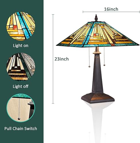 Miniatura 7 de Tiffany - Lámpara de mesa de 16 pulgadas, color verde, hecha a mano, con vitral, para lectura, 2 luces, estilo misión, mesita de noche antigua,