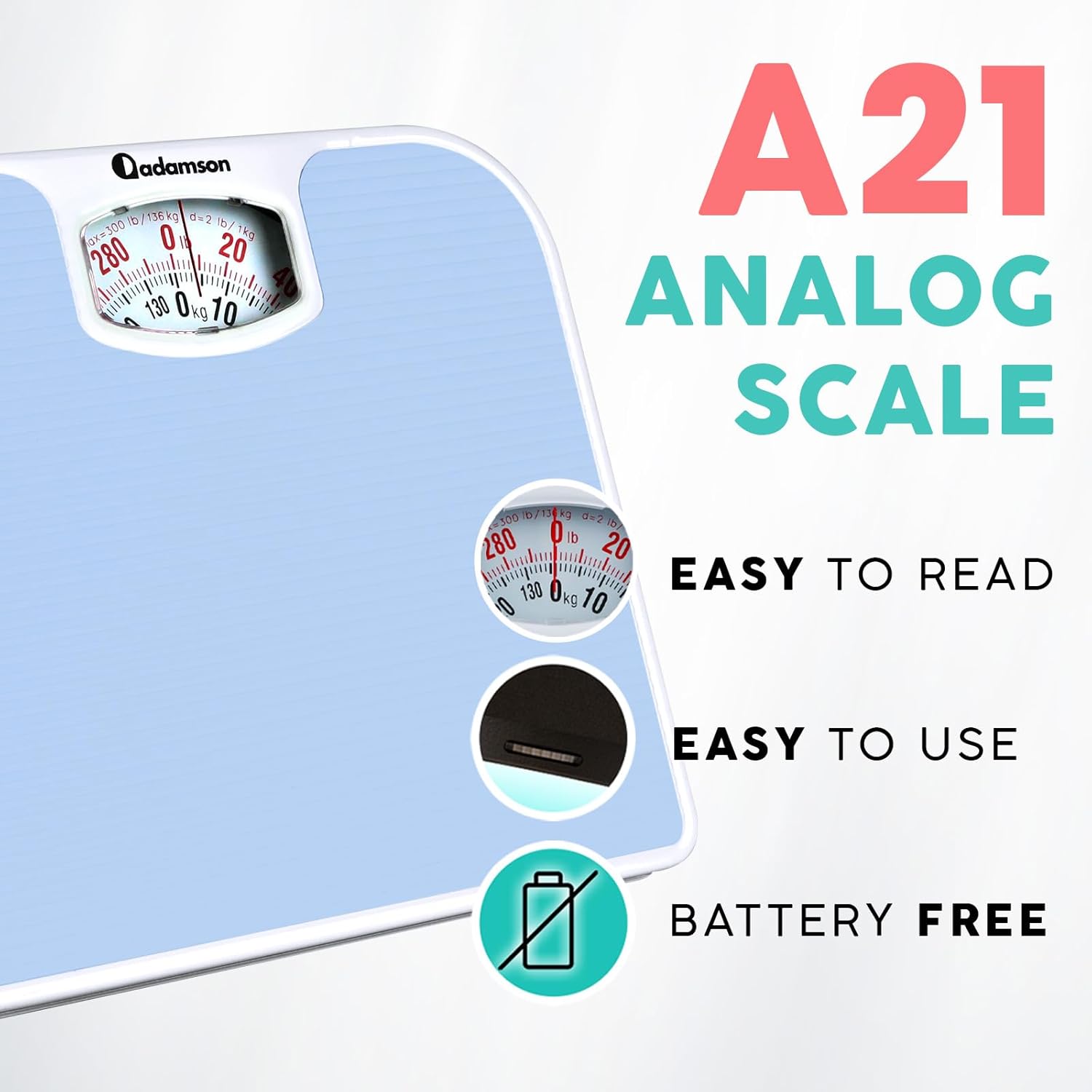 Adamson A21 Analog Scales for Body Weight - Up to 300 LB - New - Anti-Skid Rubber Surface + Large Numbers - Analog Bathroom Scale - Affordable - Durable with 20-Year Assurance - Light Blue