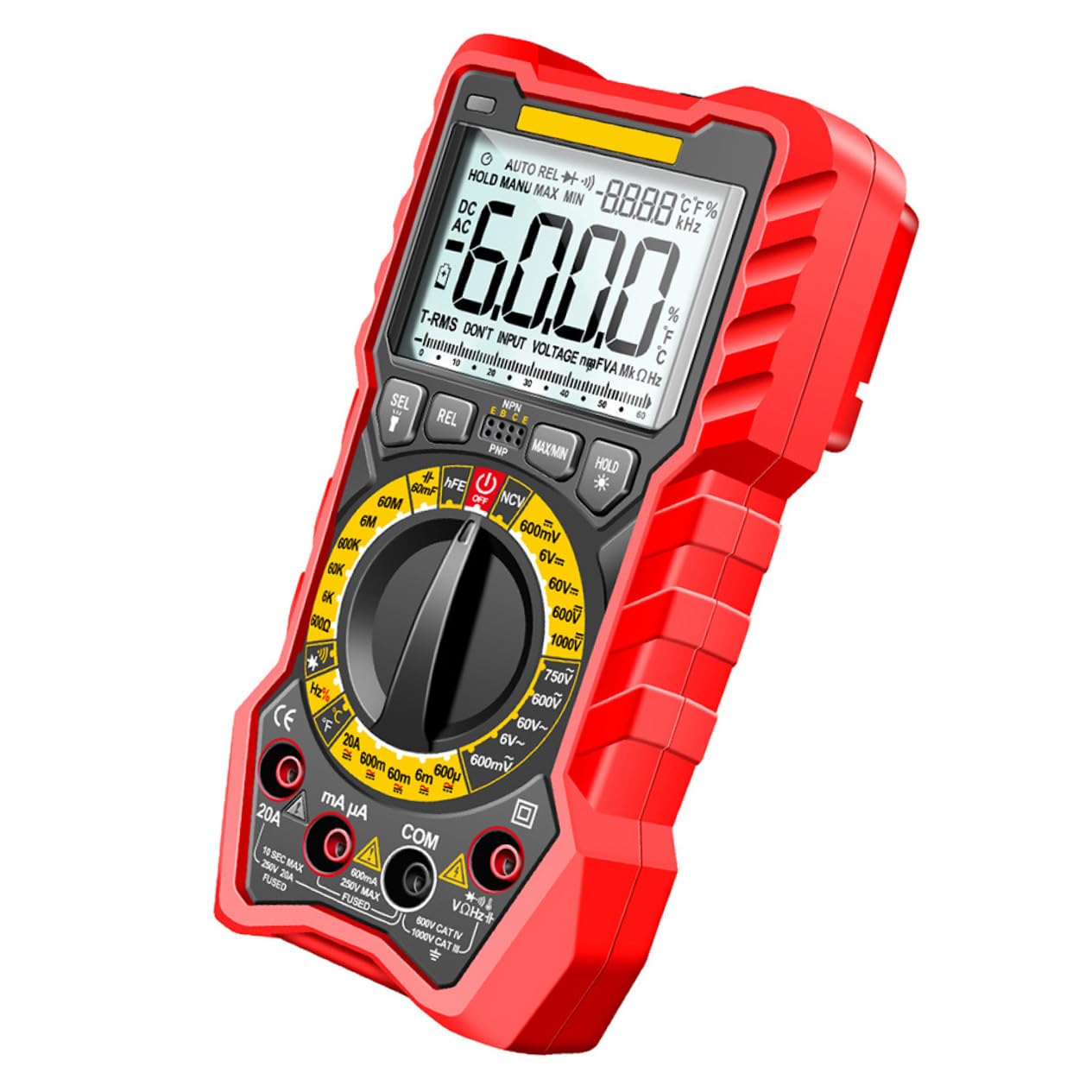 High Precision Digital Multimeter AC DC Voltage Tester with Diode Continuity Ohmmeter Ammeter Capacitance Frequency Temperature Measurement and Non-Contact Voltage Detector Red