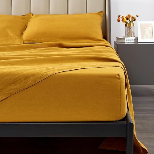 Miniatura 31 de S VICTORY SYMBOL Sábana bajera ajustable 100% de lino orgánico 78"x80" Cubrecolchón 1 Pieza, Bolsillo Profundo de 16 pulgadas, Ropa de Cama de Lino