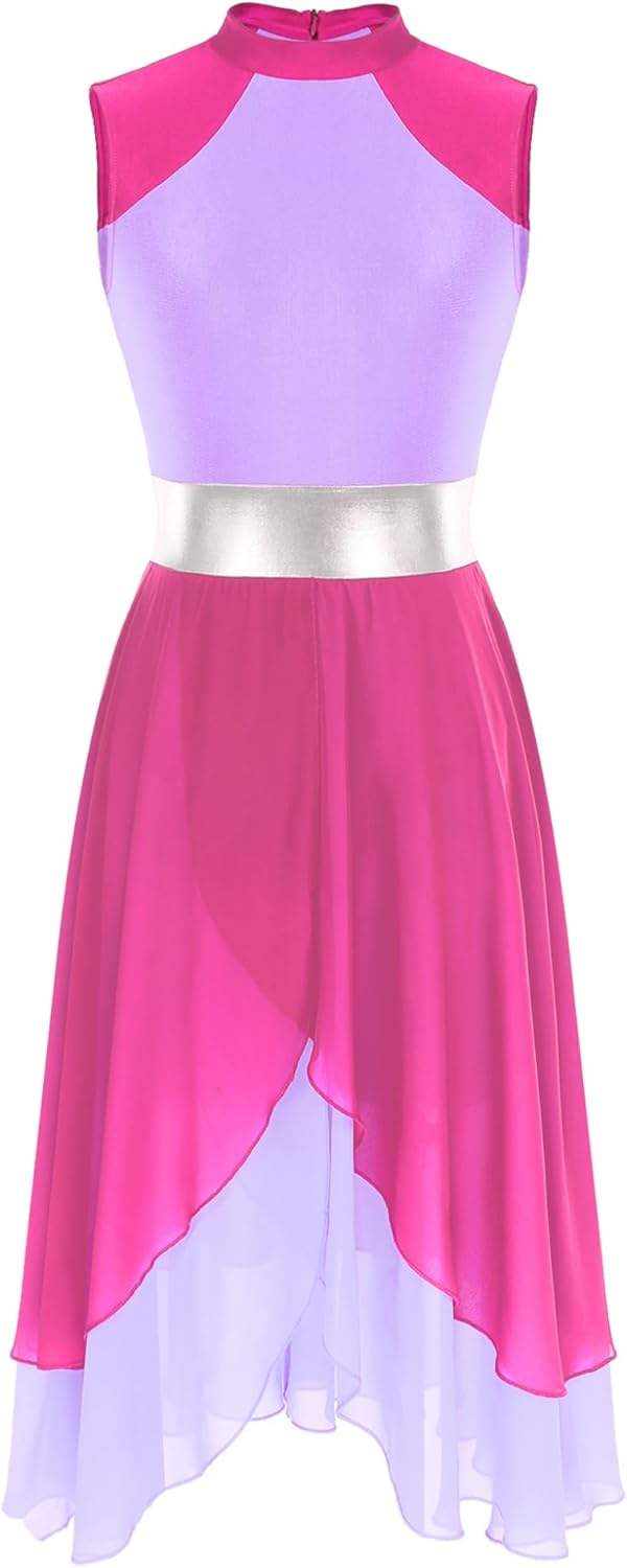 JanJean Lyrical Dance Dress for Women Color Block Chiffon Patchwork Performance Costume Praise Dress Tunic