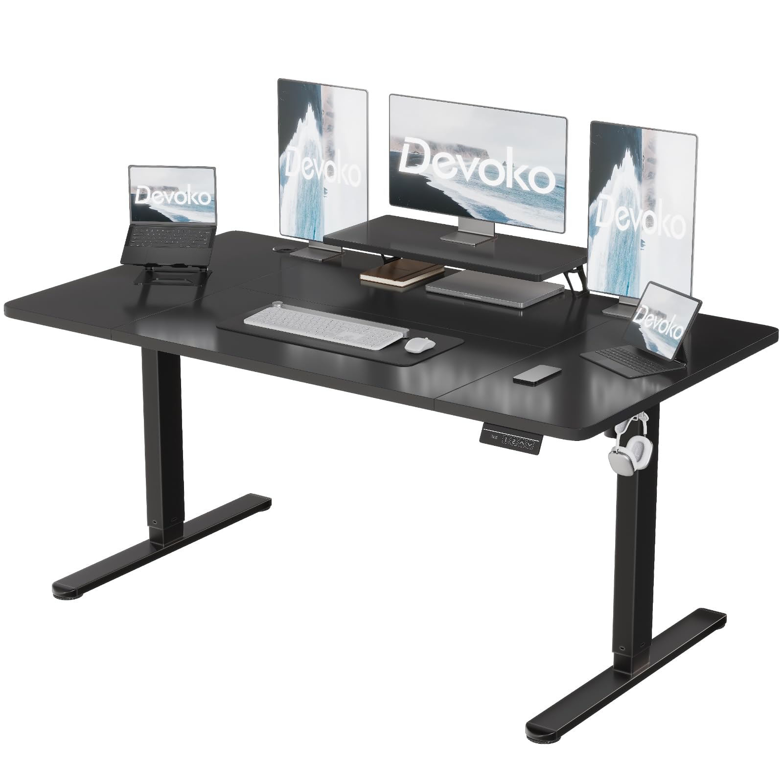 Devoko 180×80cm Escritorio Eléctrico de Altura Ajustable, con Soporte de Monitor, Escritorio de Ordenador, con 2 Funciones de Memoria de Altura, para Dormitorio, Estudio, Oficina