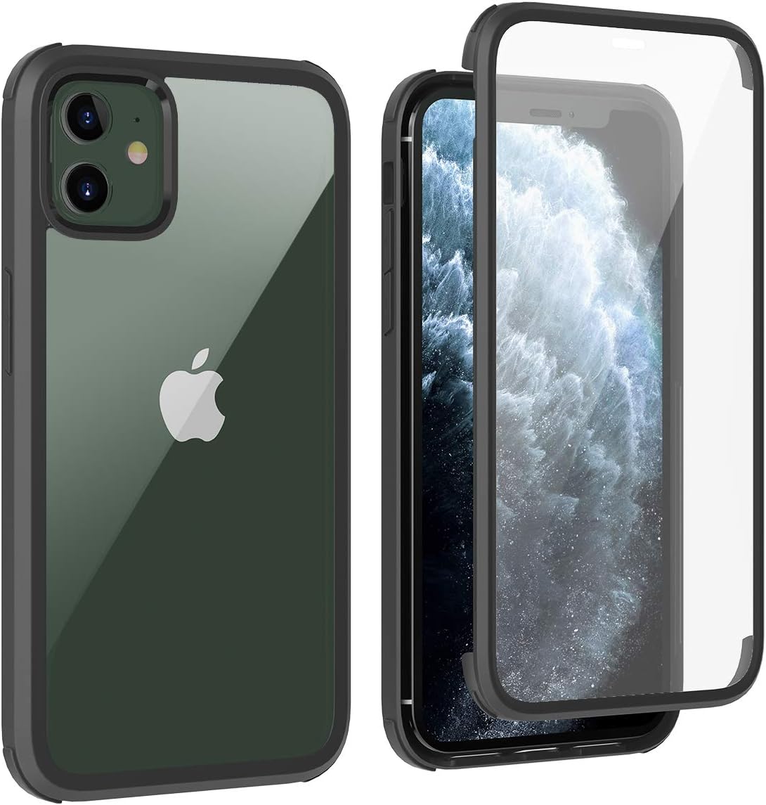 LOFTer 360 Case Compatible with iPhone 11 Case with Tempered Glass Screen Protector Clear Rugged Full Body Protection Slim Hard Glass Cover Transparent Protective Case for iPhone 11 6.1" - Black