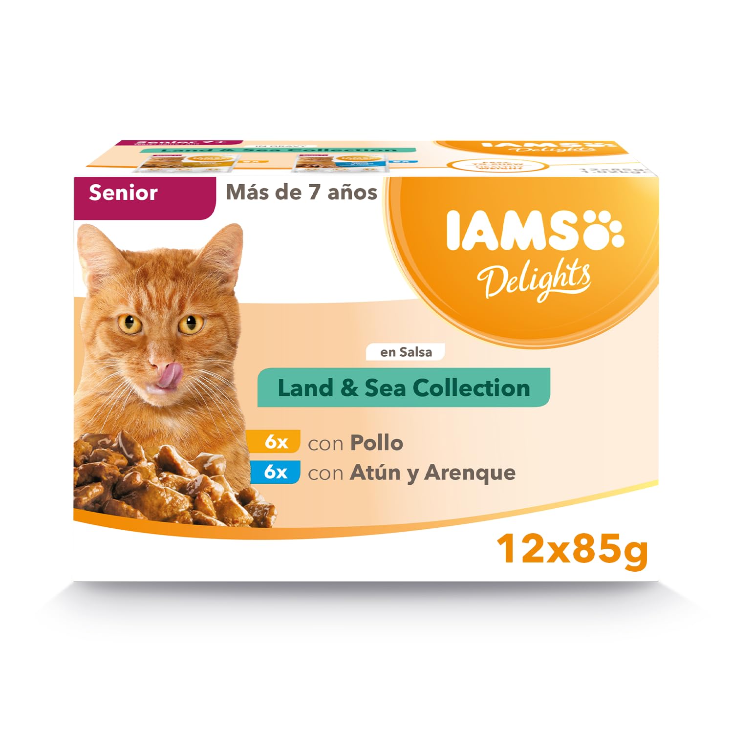 IAMS Delights Land & Sea Collection Alimento húmedo en salsa, para gatos de edad avanzada con diversos sabores a carne y pescado, 12 x 85 g