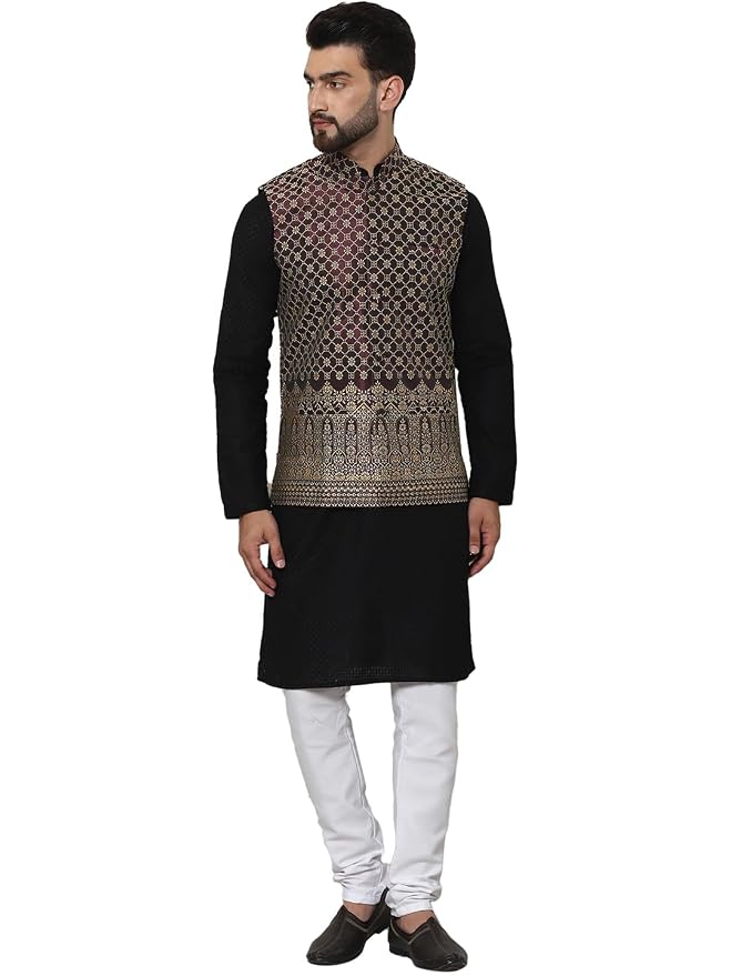 SOJANYA (Since 1958 Men's Cotton Linen Maroon Kurta and White Pyjama with Mustard Cotton Nehru Jacket