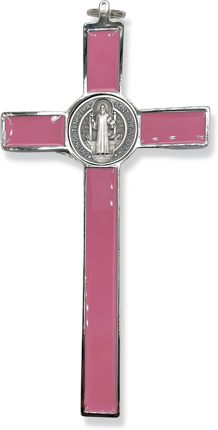 St. Benedict 8 Inch Oxidized & Pink Enamel Crucifix Wall Cross - Catholic Office Decor, Spiritual Protection