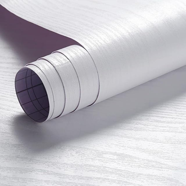 Arthome White Wood Furniture Stickers,43.5x305cm Self Adhesive Wallpaper Waterproof Gloss PVC Vinyl,Oil Proof,White Wood Vinyl Paper for Furniture Cover Surface Countertop Kitchen Shelf Liner