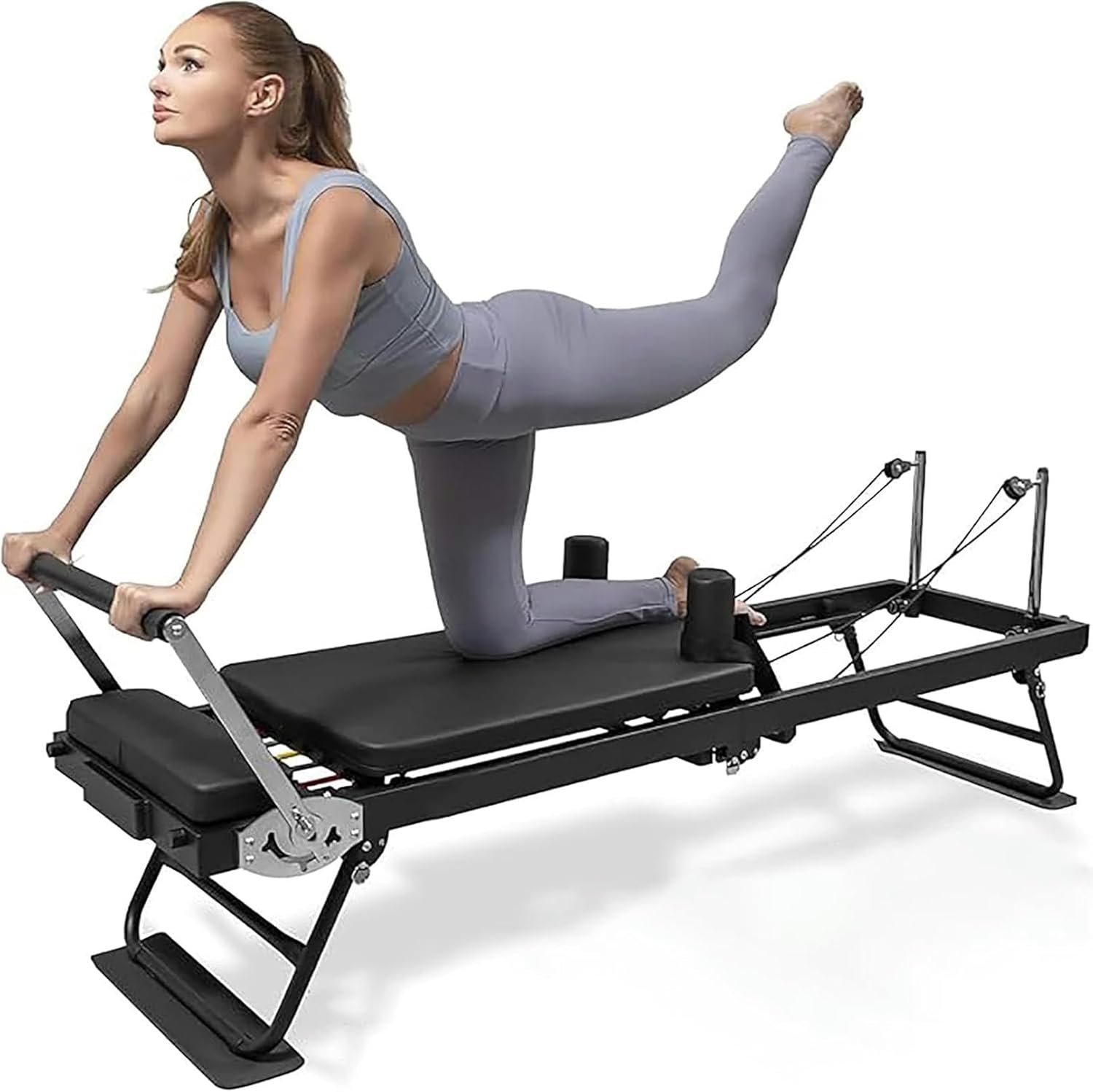 Wzglod Foldable Pilates Reformer Machine - Adjustable Intensity Yoga Equipment for Home Exercise, Multifunctional Fitness Bed with Pilates Reformer