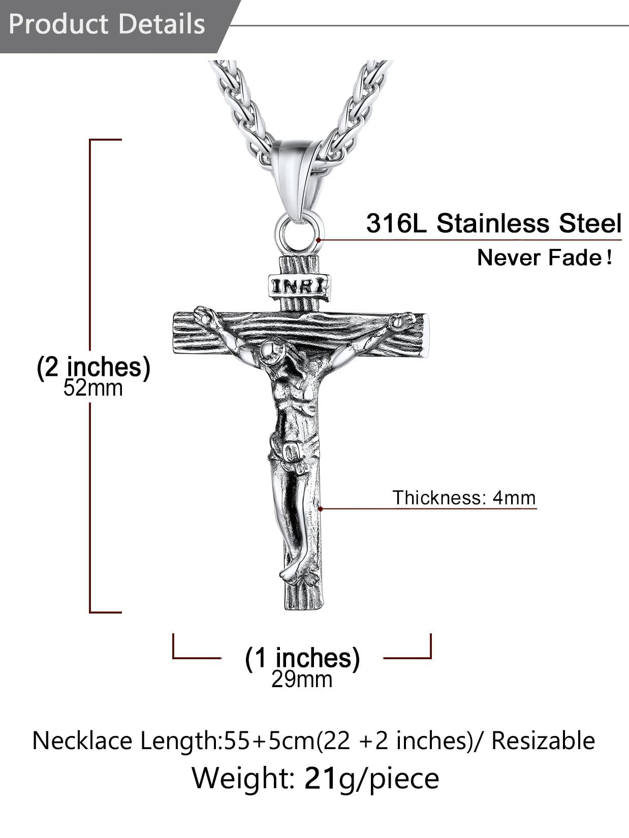 U7 Vintage INRI Jezus krzyż wisiorek naszyjnik bransoletka dla mężczyzn i kobiet, amulet chrześcijańska biżuteria, grawerowany tekst dostępny, regulowany łańcuszek, w zestawie pudełko prezentowe