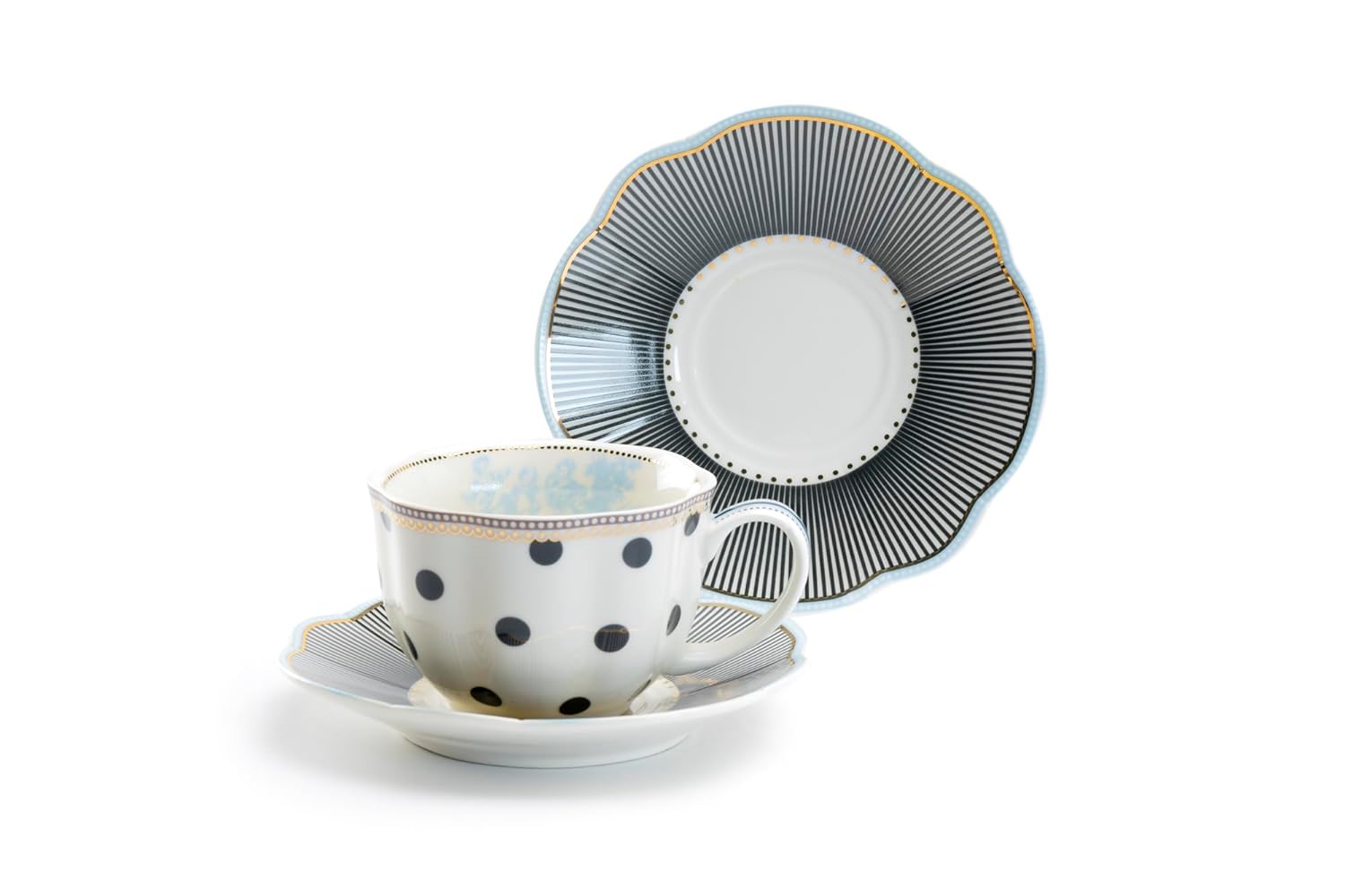 Gracie China Toile Navy Dot Stripes Porcelain Scallop Teacup And Saucer 9-Ounce (Set of 4)