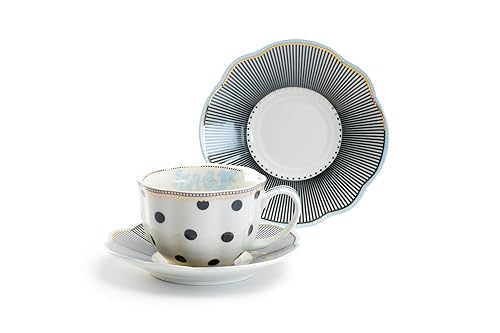 Miniatura 2 de Gracie China Toile - Taza de té y platillo de porcelana a rayas de lunares azul marino, 9 onzas (juego de 4)