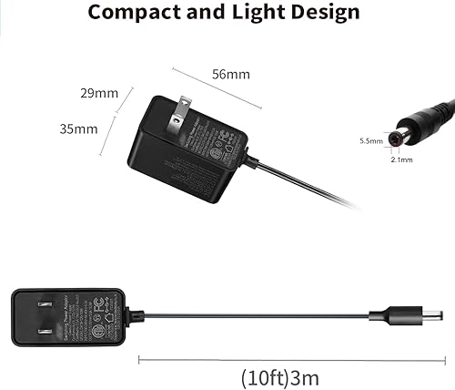 Miniatura 2 de Tonton Cable adaptador de fuente de alimentación de 12 V, 1 A, 10 pies, cable adaptador de fuente de alimentación de 12 W, cargador de pared CA