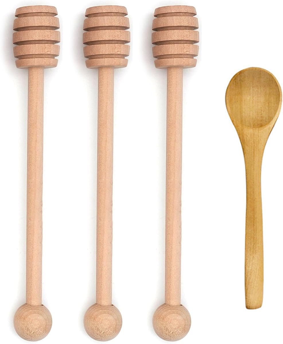 4 palillos de miel de 6.0 in, cuchara de miel, agitador de madera para mezclar miel, palito de peine de miel, varita de miel para tarro de miel, dispensar llovizna, fiesta de boda de miel
