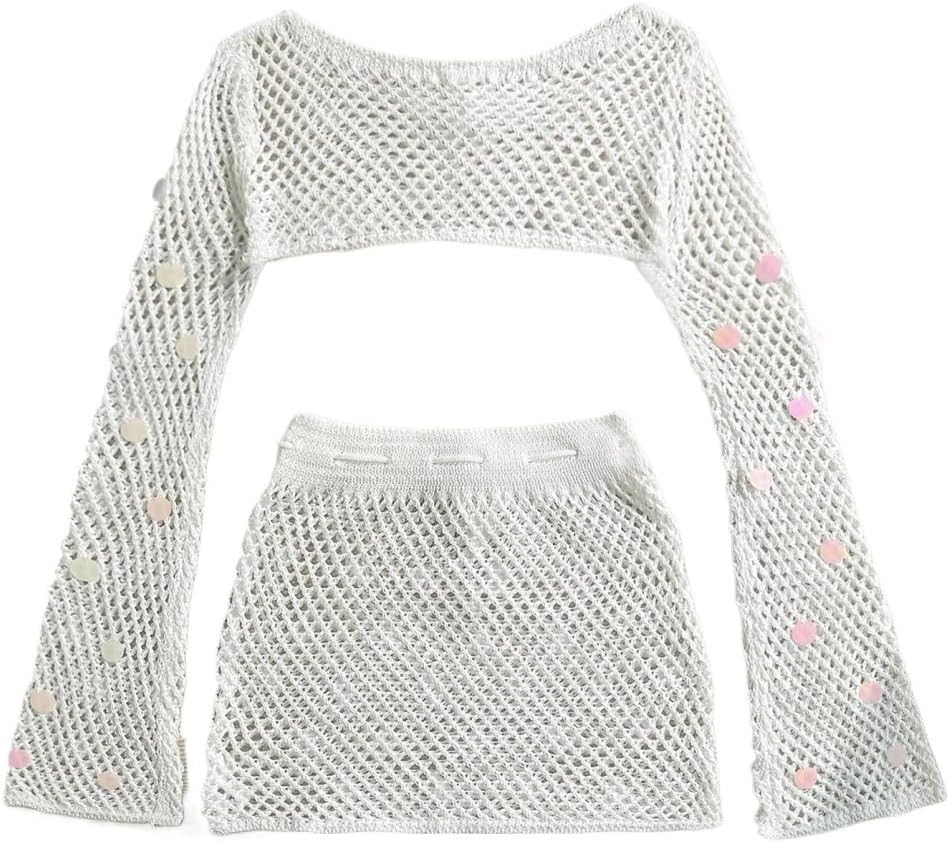 Women Long Sleeve Top And Drawstring Waist Skirt Two Piece Mesh Knit Sequin cover ups for swimwear