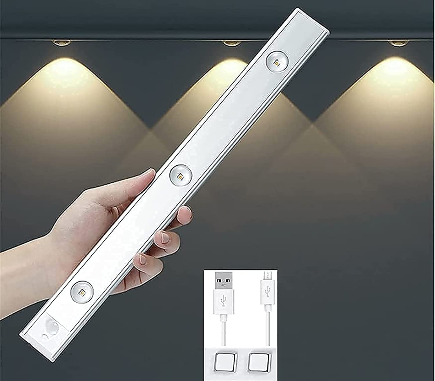 Motion Sensor Light,LED Rechargeable Cabinet Lights,Ultra-Thin Induction Night Light,Wireless Lighting for Wardrobe,Cupboard,Kitchen,Bookshelf,Showcase Pantry and Wine Cabinet (40CM, White)