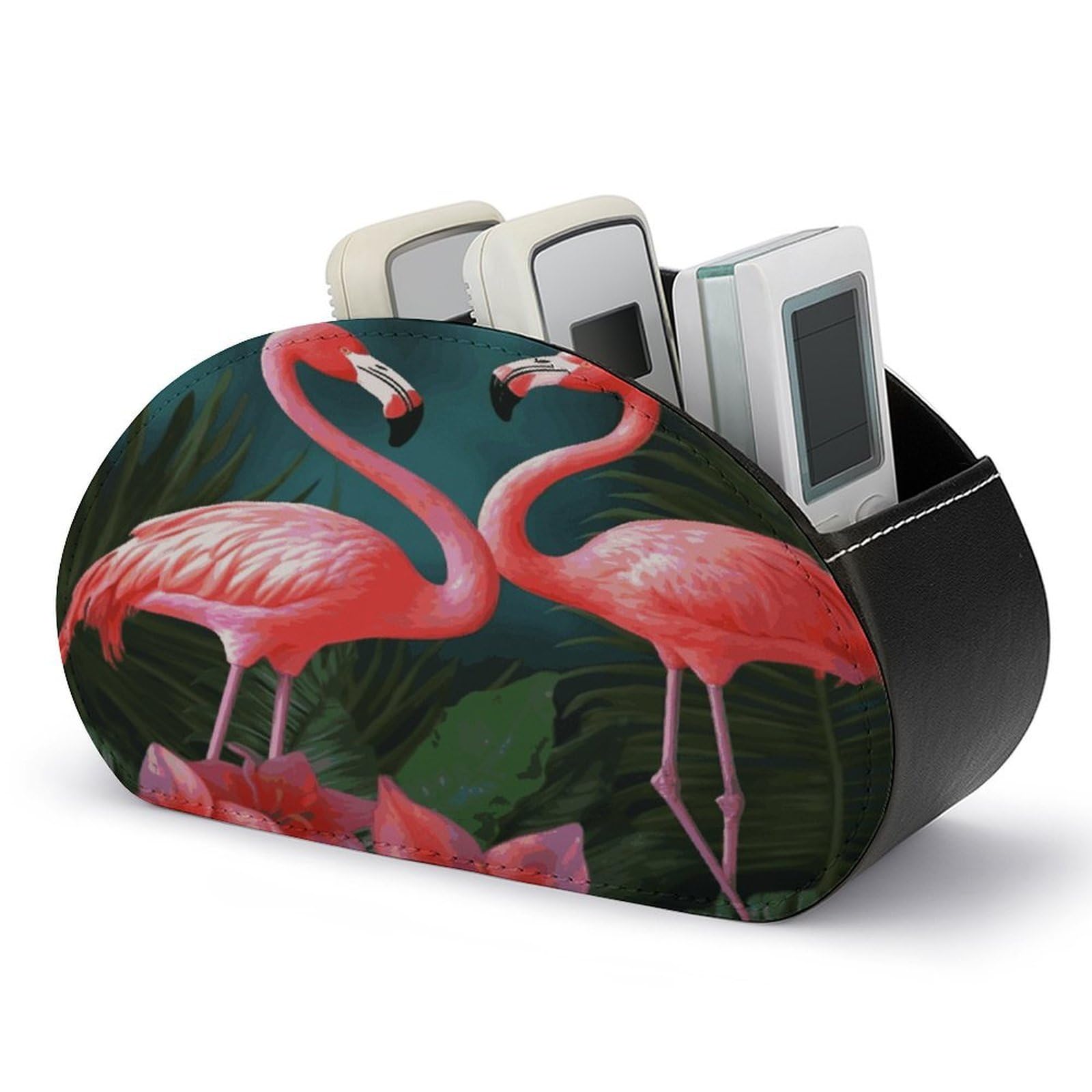 FekiLoot Flamingo Flowers Remote Control Holder with 5 Compartments Multi-functional TV Remote Caddy Organizer Leather TV Remote Holder Desktop Organizer Store for Bedside Table Office Desk