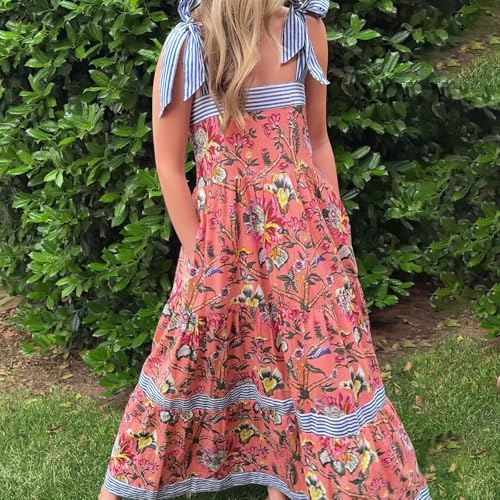 Image of Women Y2k Boho Maxi Dress Tie Shoulder Backless Strappy Tiered Flowy Dress 2024 Summer Floral Beach Sundress