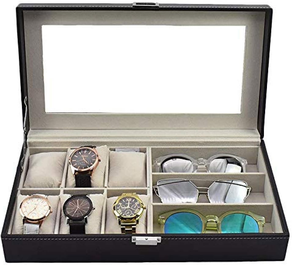 BucketList Watch Box and Sunglasses Organizer - 6 Watch Holder Jewelry Case and 3 Slots Eyeglasses Sunglasses Organizer with Clear Glass Top for Easy Viewing - Includes Lock & Key - Black (B0CC2LJS6V) Amazon Price History, Amazon Price Tracker