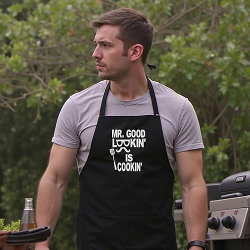 Miniatura 3 de Delantal de chef personalizado para hombre, negro, bordado personalizado, barbacoa de cocina profesional, fabricado en EE. UU