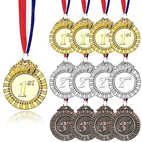 12 Pieces Metal Winner Gold Silver Bronze Award Medals with Red White Blue Neck Ribbon 2 Inch by MOMOONNON