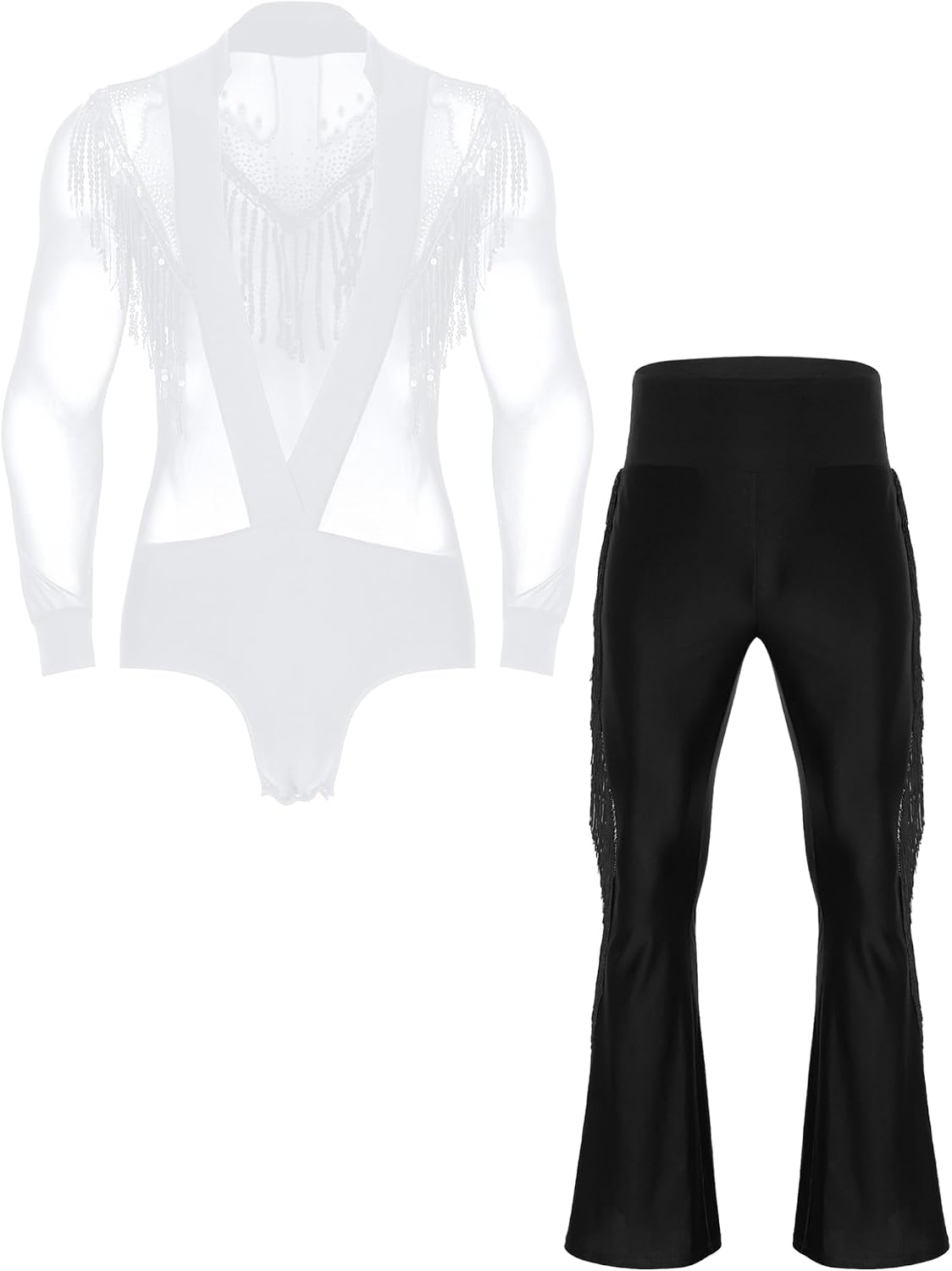 Men Sexy Mesh Deep V-neck Latin Dance Shirt Long Sleeve Salsa Ballroom Dance Leotard Figure Skating