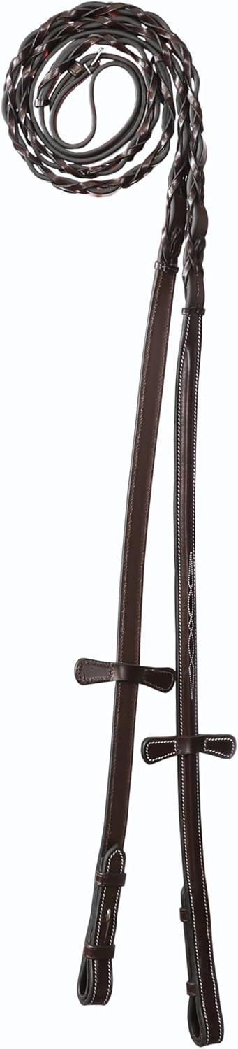 Exion Double Laced Leather Horse Reins – 5/8" (16mm) English Riding Reins with Criss-Cross Grip – Vegetable-Tanned Leather with Stainless Steel Buckles – Dressage & Jumping