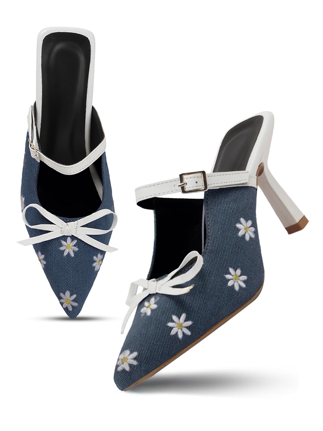 silverarrow Womens Nexora Embroidered Denim Heels for Women Pointed Toe Bow Mule Sandals-picture-54