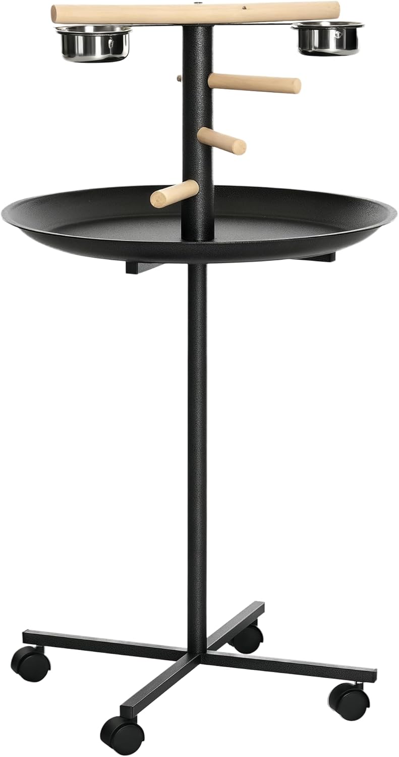 PawHut Bird Play Stand with perches, feeding bowls, and a round tray on wheels.
